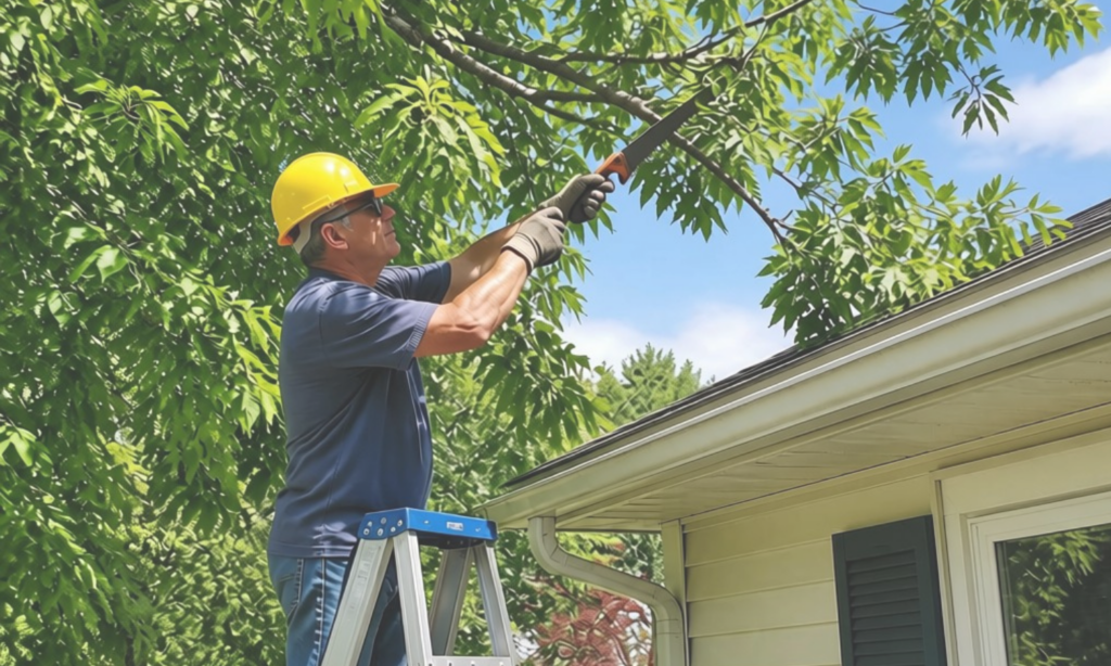 Homeowner trimming tree branches near a residential roof as part of hurricane season roof preparation in Coastal Georgia.